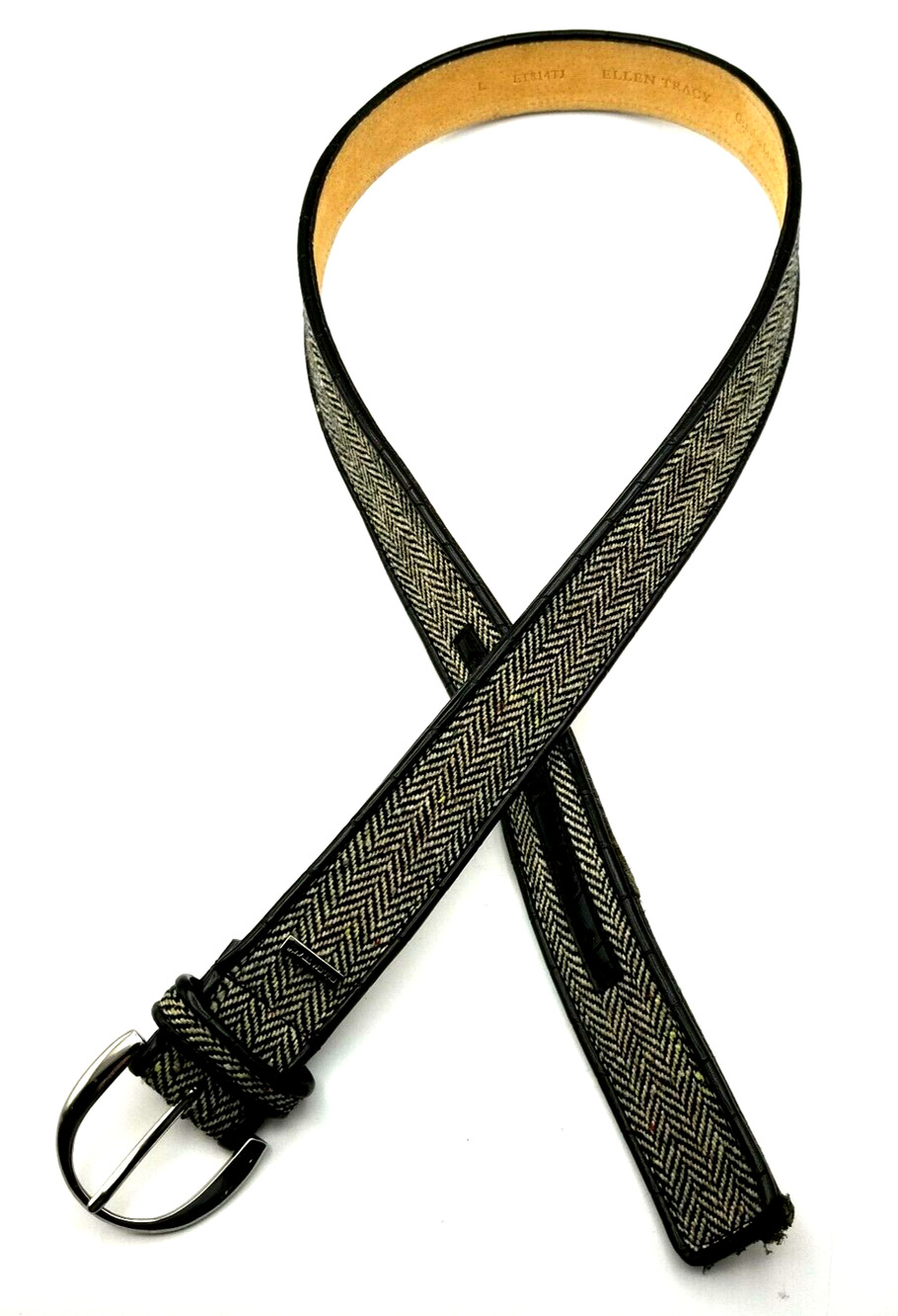 ELLEN TRACY Belt Herringbone Fabric on Italian Leather Women Size L